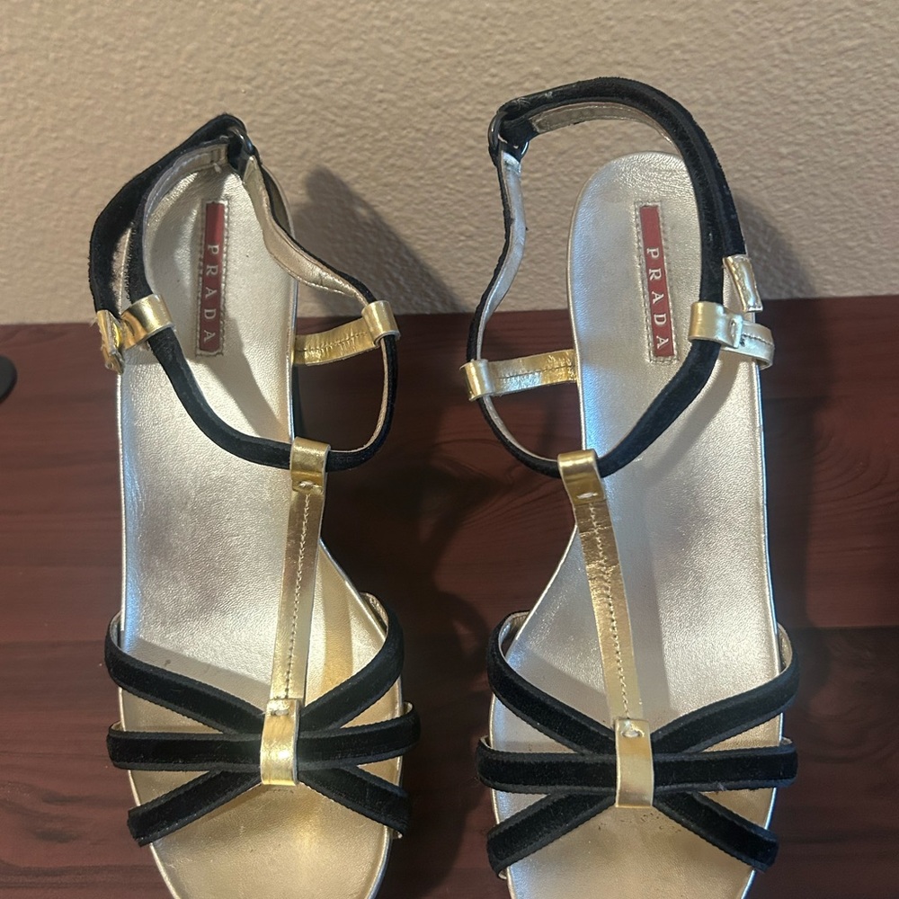 Prada Black and Gold Wedge Sandals - Picture 5 of 6